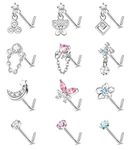 Morfetto 12 Pcs 20G Dangle Nose Rings Studs for Women Surgical Steel L Shaped Screw Nose Rings for Women Heart Moon Star Flower Butterfly CZ Dangling Nose Piercing Jewelry L+silver