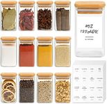 12Pcs Glass Spice Jars with Bamboo Lids,240ml Airtight Glass Jars Set with 110 White Minimalist Labels, Square Clear Seasoning Storage Containers, Spice Bottles for Kitchen Herbs Beans Salt