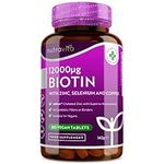 Biotin Hair Growth Supplement 12,000mcg with Zinc, Selenium & Copper - Full Year Supply 365 Vegan High Strength Biotin Tablets for Hair - Supports Hair, Skin & Nail Growth - Hair Growth - Nutravita