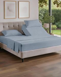 Split Head King Sheet Set – 4 Piece Flex Split Top King Sheets for Adjustable Beds - Fits 14” to 16" Mattress w/ Deep Pockets - Breathable & Cooling - Luxury Bedding and Wrinkle Free - Heathered Blue