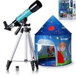 Bresser Junior Lens Telescope 50/360 for Children - Astronomy Starter Set with Tent, Refractor Telescope, Tripod, Azimuth Mount, Eyepieces and Zenith Mirror, Blue