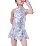 LOLANTA Girls Sequins Dance Dress Sparkle Hip Hop Jazz Dance Outfits; Sleeveless Top and Shorts (Silver, 11-12Years)