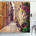 Ambesonne Wanderlust Decor Shower Curtain Set, Street in Pienza Tuscany Italy with Hanging Basket Plants Flowers Bicycles Picture, Bathroom Accessories, 75 Inches Long, Sand Brown Purple