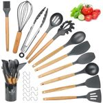 Kitchen Utensil Set, hicoosee 22 Pieces Silicone Cooking Utensils Set, Natural Wooden Handles Cooking Tool BPA Free Non Toxic Non Stick Heat Resistant Silicone Kitchen Gadgets Utensil Set, Grey