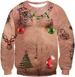 uideazone Ugly Christmas Sweater Funny Chest Hair X-mas Long Sleeve Pullover Top for Christmas Party Plus Size 2XL
