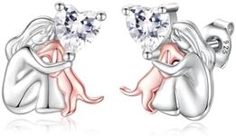 Sterling Silver Dog Earrings Stud - Always in My Heart Pendant Puppy Mother Day Jewelry Gift for Mom Dog Lover, Sterling Silver, Cubic Zirconia