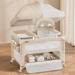 ANGELBLISS Baby Bassinet Bedside Crib, 5-in-1 One-Push Instant Fold Pack and Play with Changing Table, Napper Bassinet, Mattress & Mosquito Net, Portable Playard for Newborns to Toddlers (Khaki)