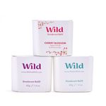 Wild - Natural Refillable Deodorant Variety Pack - Aluminium Free - Scents Include Fresh Cotton & Sea Salt, Cherry Blossom and Coconut & Vanilla Scents - Long Lasting Protection