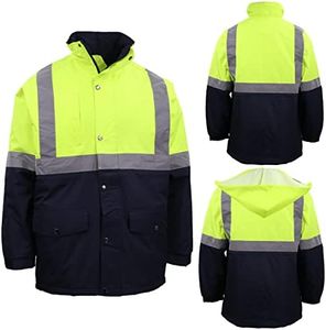 Zmart Australia Men's Hi Vis Waterproof Rain Jacket Reflective Tape Quilted Workwear Hooded Coat, Fluro Yellow/Navy, S