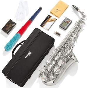Mendini By Cecilio Eb Alto Saxophone - Case, Tuner, Mouthpiece, 10 Reeds, Pocketbook- Nickel E Flat Musical Instruments