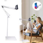 Hmfmdy Tablet Floor Stand, Heavy Duty Base Phone Floor Stand, Overhead Bed Phone Mount, Adjustable Tablet Phone Holder Compatible for iPad, Galaxy Tab, Kindle, Switch, E-Reader 4.7-12.9" White