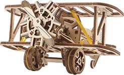 UGEARS Mini-Biplane 3D Wooden Puzzle - Mechanical Model Airplane Kit for Adults - 3D Jigsaw Puzzle Aircraft Toy with Rubber Band Motor - DIY Brain Teaser Wooden Puzzles Construction Set for Kids
