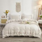 Koudi Beige Ruffled Duvet Cover Set Full Size Shabby Chic White Ruffle Fringe Comforter Cover Solid Color Vintage Farmhouse Bedding Set Soft Microfiber with Zipper Ties