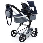 Bayer Design 18481AB Combi Doll's pram Neo Vario with Bag and Shopping Basket, Convertible into a Stroller, Height Adjustable, Blue, White