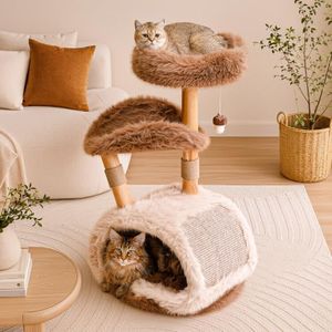 Sopapets Small Cat Tree for Apartments with Spacious Condo for Large Cats, 41-Inch Modern Cat Tower with Faux Fox Fur, Curved Lounge Platform, Plush Top Bed and Solid Wood Posts
