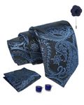 Axlon Navy Blue Pasiley Tie For Men – Formal Ties Set With Pocket Square & Tie Pin Clip For Mens, Silk Neckties Gift Sets For Men’s (AX24_28)