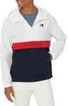 Tommy Hilfiger Men's Retro Lightweight Taslan Hooded Popover Water Resistant Windbreaker Jacket, White/Navy Color Block, XX-Large