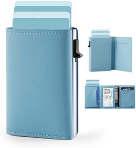 Caronex Womens Wallet with Pop Up Card Holder, RFID Blocking, Slim, Smart, Minimalist, Thin, Small, Trifold, 10-14 Cards Capacity, Cash Pocket, ID Window(Light Blue)