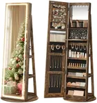 SONGMICS LED Mirror Jewelry Cabinet Standing, Lockable Jewelry Armoire with Full-Length Mirror and Adjustable LED Lights, Space-Saving Jewelry Organizer with Mirror, Christmas Gifts, Rustic Brown