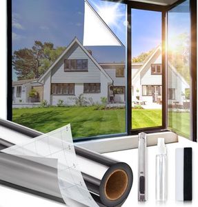 Windimiley One Way Privacy Window Film, Reflective Window Tint for Home, Heat Control Sun Blocking Mirror Window Film See Out Not in Door Window Covering with 3 Tools (35.4Inch x 13.1Feet, Silver)