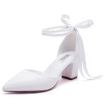 Winflag Pearl Wedding Shoes for Bride Block Heel Bridal Shoes Pointed Toe Wedding Heels, White-6cm, 8.5