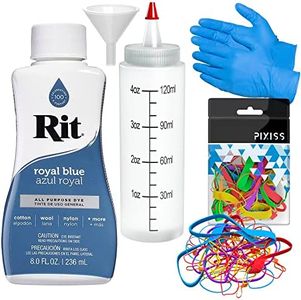 Rit Dye Liquid Royal Blue All-Purpose Dye (8oz) - Pixiss Tie Dye Kit and Accessories Set Bundle with Rubber Bands, Gloves, Funnel and Squeeze Bottle - Tie Dye Party Supplies