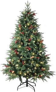 Pre-lit Christmas Tree 150cm/5ft,600 Branches Tips Artificial Pine Xmas Tree with 150 LED Lights & 40 Red Berry & 40 Pinecone Decoration for Indoor Outdoor