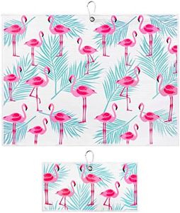 Flamingo Tropics Golf Towel with Clip for Women and Men for Golf Bags, Microfiber Large Multipurpose and Small Ball Towels, Set of 2