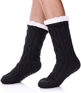 SDBING Women's Winter Super Soft Warm Cozy Fuzzy Fleece-lined With Grippers Slipper Socks (Black A)