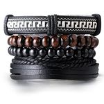 HALUKAKAH Leather Bracelet for Men Western Rodeo Style Handmade Braided Muti Wrap Set Retro Vintage Wood Beads with Giftbox（Glacier Black & White Woven）