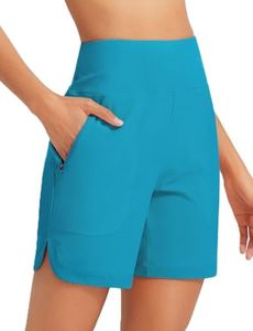 Women's 7'' Long Swim Board Shorts High Waisted Beach Swimming Shorts with Zipper Pockets Quick Dry UPF 50+ Modest Swimsuits Bathing Suit Bottoms Aqua Blue M