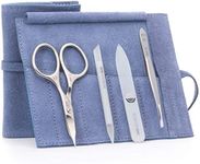 GERMANIKURE 4pc Mini Professional Manicure Set in Light Blue Suede Case - FINOX Stainless Steel Tools Made in Solingen Germany, Glass Nail Care Supplies Made in Czech Republic