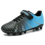ASHION Unisex-Kids Soccer Cleats for Boys Girls Turf Firm Ground No-Tie Football Shoes Durable,Black Blue,1.5 Little Kid