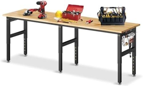 MUWOOD 96”Adjustable Work Bench, 5000 LBS Capacity Heavy Duty Workbench with Power Outlet & Pegboard, Rubber Wood Work Table for Garage, Workshop, Office, Home