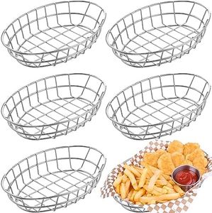 Tioncy 6 Pcs Chrome Oval Metal Wire Baskets 9.5 x 6.2 x 2.2 Inch Bread Baskets for Serving Decorative Sandwich Containers Fast Food Baskets for Hot Dog Fruit Burger Kitchen Restaurant Storage (Silver)