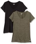 Amazon Essentials Women's Tech Stretch Short-sleeved V-neck T-shirt (Available in Plus Sizes), Pack of 2, Black/Olive Space Dye, M