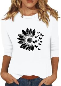 3/4 Sleeve Tops for Women Cute Sunflower Dandelion Prints 3/4 Length Sleeves Tops for Women Crewneck Plus Size Summer Elbow Length Sleeve Blouse Three-Quarter-Sleeve Top Woman