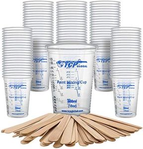 TCP Global 10 Ounce (300ml) Disposable Flexible Clear Graduated Plastic Mixing Cups - Box of 100 Cups & 50 Mixing Sticks - Use for Paint, Resin, Epoxy, Art, Kitchen - Measuring Ratios 2-1, 3-1, 4-1 ML