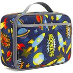 FlowFly Kids Lunch box Insulated Soft Bag Mini Cooler Back to School Thermal Meal Tote Kit for Girls, Boys,Women,Men, Outer Space Rocket Ships in Dark Navy Blue