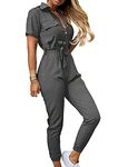 YMING Womens Simple One Piece V Neck Jumpsuits Short Sleeve Rompers Playsuit with Pockets Grey 2XL