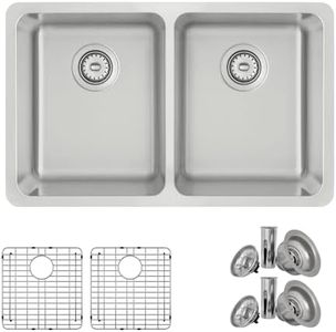 STYLISH 29 x 18 inch Double Bowl Undermount or Drop-in 18 Gauge Stainless Steel Kitchen Sink 8 Inches Deep with Bottom Grids and Standard Metal Strainers, S-414TG
