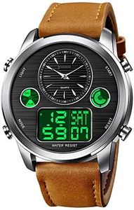 VIGOROSO Men's Luxury Analog Digital Alarm Watches Casual Leather Strap Chronograph World Time LED Date Wrist Watch Fashion Army Military Sport Watch (Brown&Silver)