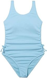 OYOANGLE Girl's Cute Spaghetti Straps Round Neck Drawstring One Piece Swimwear Tie Bathing Suit Pastel Blue 160