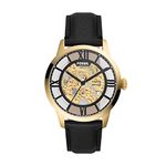 Fossil Men's Townsman Auto Automatic Stainless Steel and Leather Three-Hand Skeleton Watch, Color: Gold, Black (Model: ME3210)