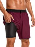 SILKWORLD Mens Swim Trunks Front Zipper Fly Quick Dry Swimsuit with Compression Liner and Back Zipper Pockets, Dark Red, Medium