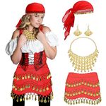 Sureio 4 Pcs Women Gypsy Pirate Costume Accessories Belly Dance Head Scarf Earring Necklace Hip Scarf Jewelry(Wine Red)