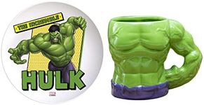 Zak Designs Marvel Ceramic Sculpted Mug and Plate Set, for Coffee, Tea, Breakfast or Dessert, 3D Character Collectible Keepsake (2-Piece, Non BPA, Hulk), 15 Fluid Ounces