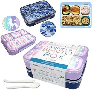 kinsho Camo and Unicorn Lunch Boxes for Boys Girls, 4 Compartment Bento-Box Lunch-Box for Kids, School or Travel Snack Containers, Utensils, Rainbow Unicorn + Blue Camo 2 pack set