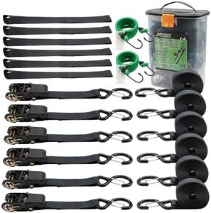 XSTRAP STANDARD Ratchet Tie Down Straps - 6 Pack 1" x 15' - 1890 lbs Breaking Strength, Safety Lock S Hooks, with 6 Soft Loops, 2 Bungee Cords, Logistic Cargo Straps for Moving Appliances, Motorcycle