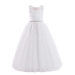 Glamulice Flower Girl Dress White First Communion Kids Birthday Ball Gown Rhinestone Tulle Maxi Long A Line Princess Pageant Wedding Party Dresses Holiday Junior Bridesmaid Dresses Prom Dance 9 10